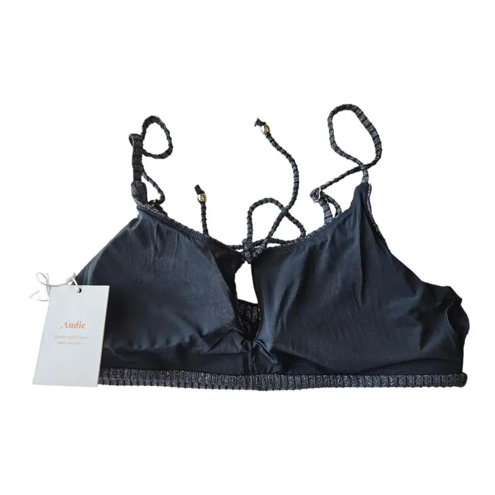 ANDIE Swim Women S The Waikiki Top Bikini Black Silver Sparkle Keyhole Tie NEW